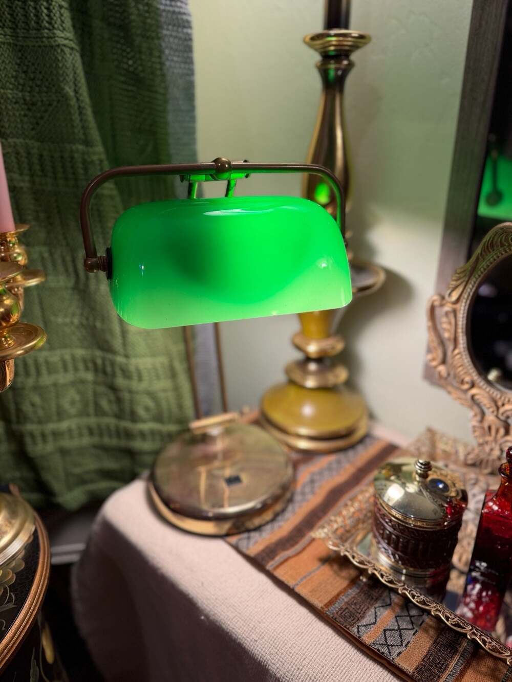 Vintage Brass Bankers Desk Lamp with Green Glass Shade